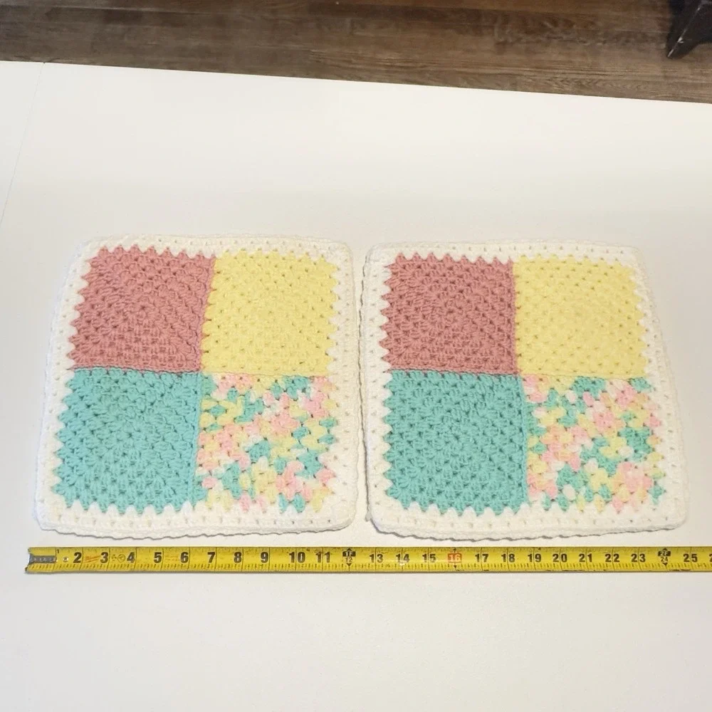 Set 2 Vtg Large Handmade Crochet Hot Pad Trivet Multicolored Thick Double Layers